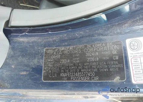 2008 Kia Spectra Ex/Lx/Sx z USA, uszkodzony, nr VIN KNAFE122485577450